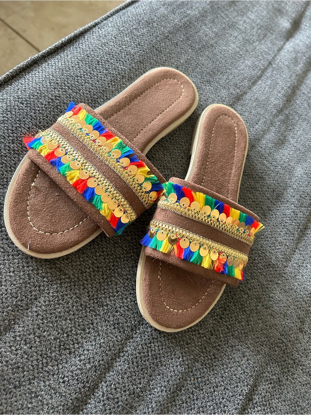 Brown Slide Sandals with Rainbow Tassels